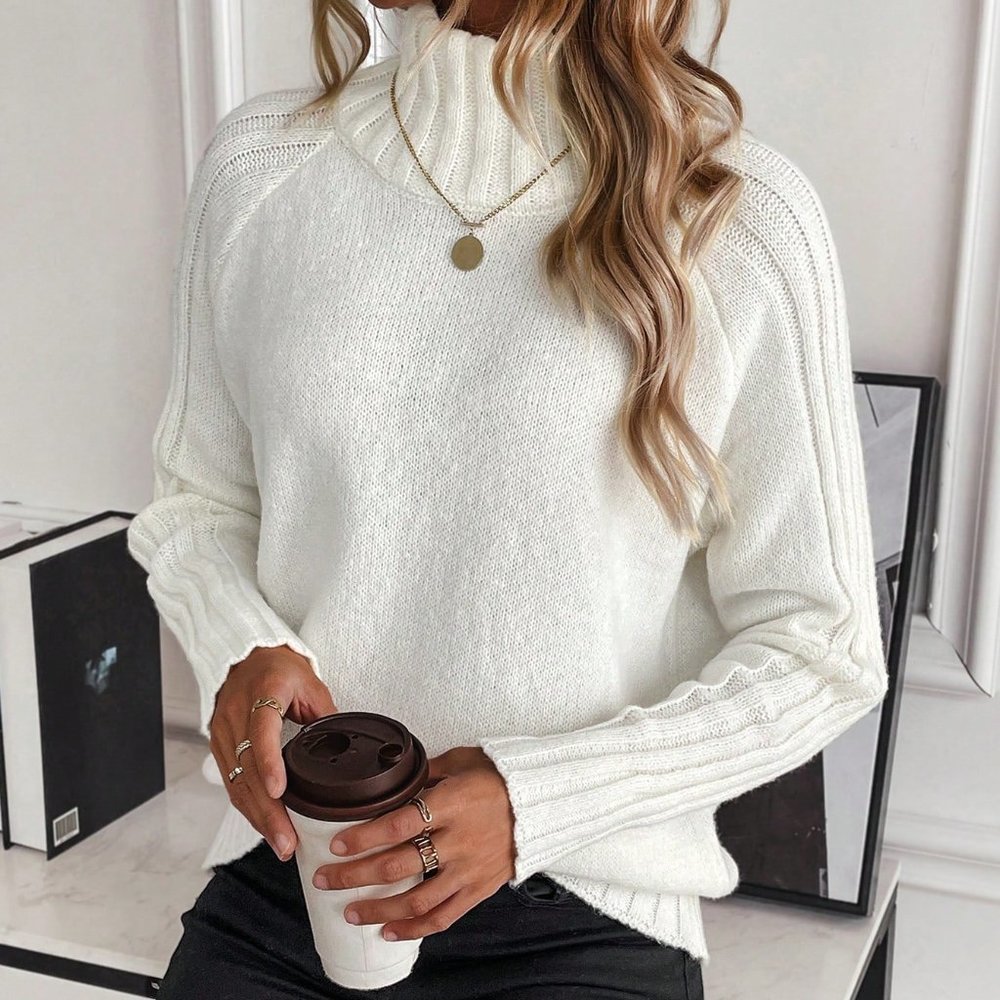 White Preppy womens Turtleneck Raglan Sleeve Sweater - Picture 3 of 5